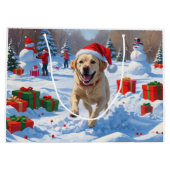 ラブラドール走ドッグの雪とクリスマスハット ラージペーパーバッグ (裏面)