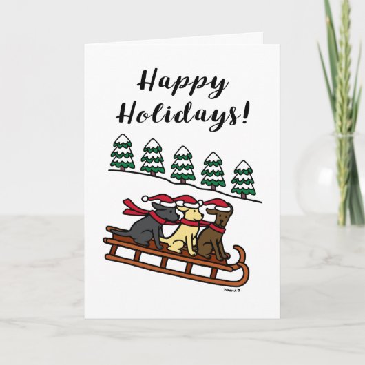 ラブラドール3頭のスレッジ・スライディング ハッピーホリデー シーズンカード (正面)
