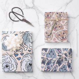 ラブラドール、グレート・ダン、ひげ付きコリーの手描き ラッピングペーパーシート