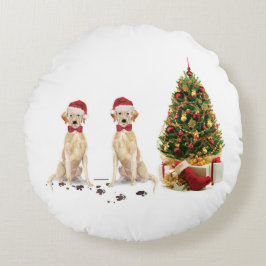 ラブラドール・レトリーバー2頭の面白いクリスマス犬グッズ ラウンドクッション