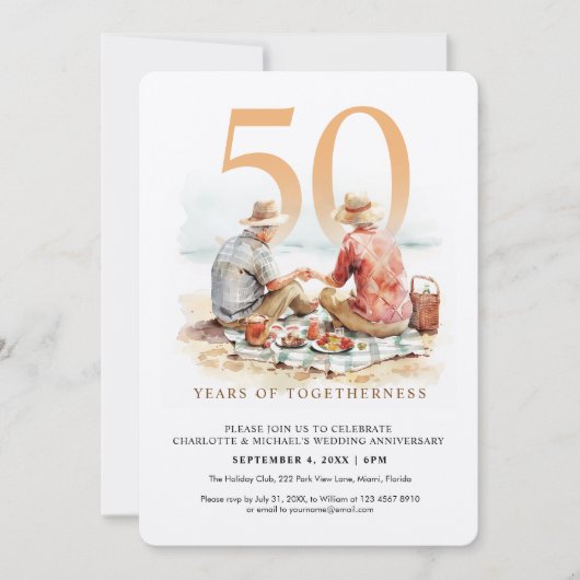 ラブラブな水彩画のカップル　結婚記念日 招待状 (正面)