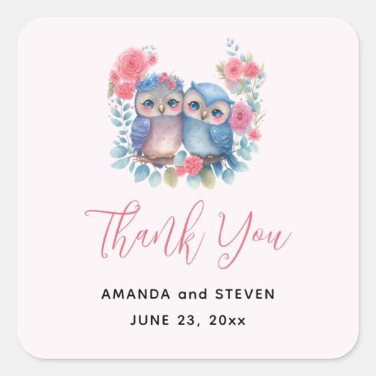 ラブラブのフクロウが枝に座って結婚式のお礼 スクエアシール (正面)