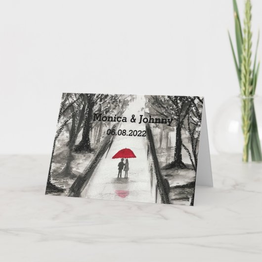 ラブラブカップル 赤い傘 ウェディング ブライダルシャワー カード (正面)