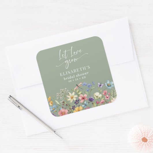ラブラブグロスセージ緑ワイルドフラワーブライダルシャワー スクエアシール (封筒)