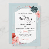 ラブリーなコーラル シルバー グレー 花の水彩 結婚式 招待状 (正面/裏面)