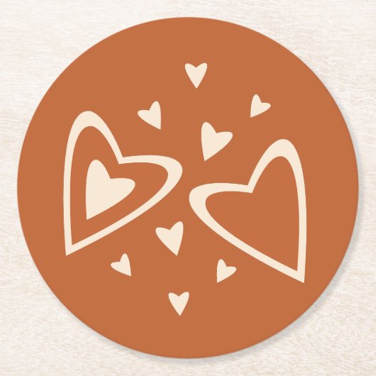 ラブリーなジオメトリー - 赤っぽい黄土色にクリーム - 画像。 ラウンドペーパーコースター (正面)