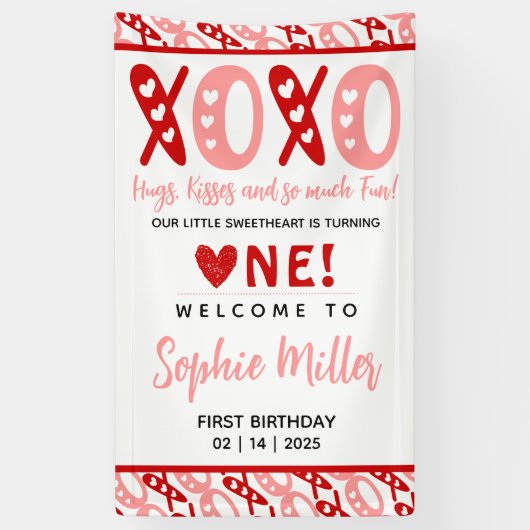 ラブリーなハグ&キス バレンタインデー 1歳の誕生日 横断幕 (縦)