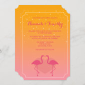 ラブリーなピンクとオレンジのトロピカルなフラミンゴの結婚式 招待状 (正面/裏面)