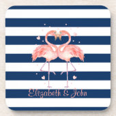 ラブリーなピンクのフラインゴが恋愛中 ネイビーブルーのストライプ コースター (正面)