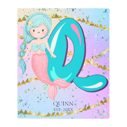 ラブリーなマーメイドのアルファベットQモノグラム 水彩画風のデザインが可愛いマーメイドのいる部屋 メタルプリント (正面)