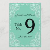 ラブリーなレースフレームアクアウェディングテーブルナンバー 招待状 (裏面)