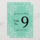 ラブリーなレースフレームアクアウェディングテーブルナンバー 招待状 (正面/裏面)