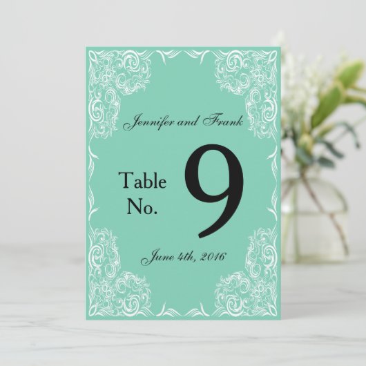 ラブリーなレースフレームアクアウェディングテーブルナンバー 招待状 (スタンド正面)