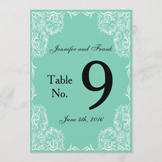 ラブリーなレースフレームアクアウェディングテーブルナンバー 招待状 (正面)