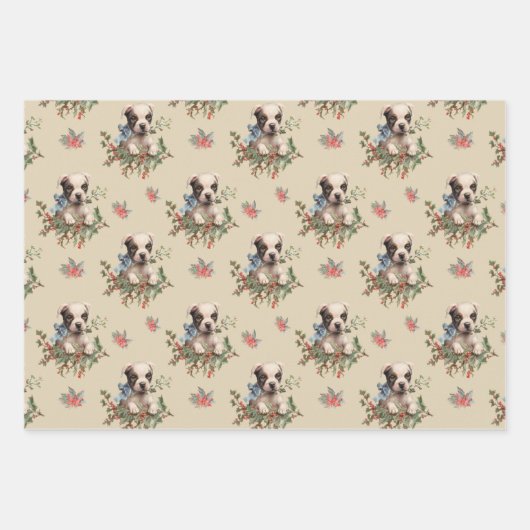 ラブリーな子犬のほこりっぽいベージュビンテージクリスマスパターン ラッピングペーパーシート (正面3)