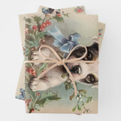 ラブリーな子犬のほこりっぽいベージュビンテージクリスマスパターン ラッピングペーパーシート (インサイチュ)