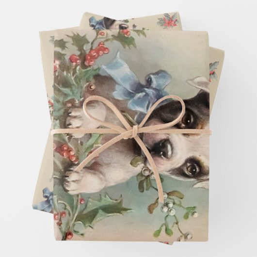 ラブリーな子犬のほこりっぽいベージュビンテージクリスマスパターン ラッピングペーパーシート (インサイチュ)