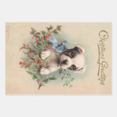 ラブリーな子犬のほこりっぽいベージュビンテージクリスマスパターン ラッピングペーパーシート (正面)