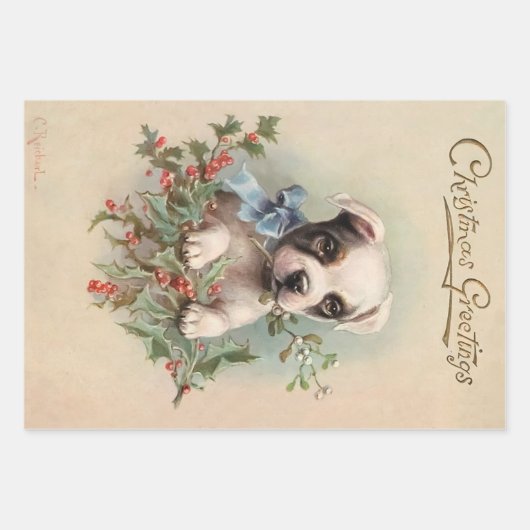 ラブリーな子犬のほこりっぽいベージュビンテージクリスマスパターン ラッピングペーパーシート (正面)