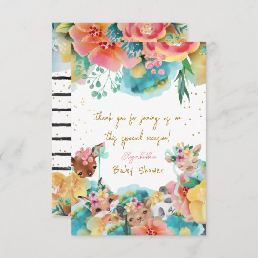 ラブリーアニマルフラワー開花ベビーガールシャワー サンキューカード (正面/裏面)