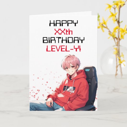 ラブリーアニメ赤と白ゲームエージ誕生日 カード (黄色い花)