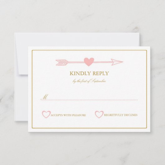 ラブリーアローズウェディングRSVPカード/赤面&金ゴールド 出欠カード (正面)