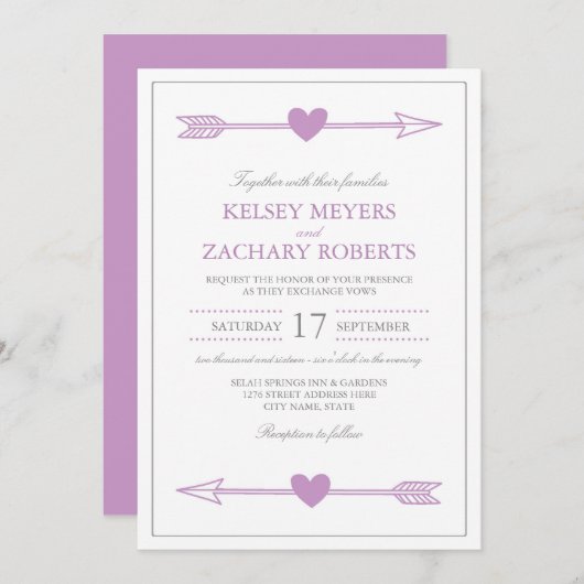 ラブリーアローズ結婚式招待状/薄紫とグレー 招待状 (正面/裏面)