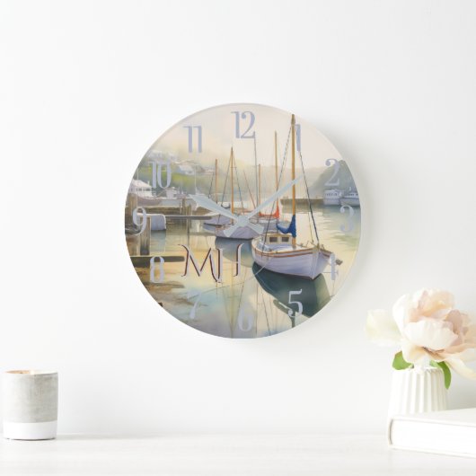 ラブリーウォータカラーセーリングモノグラム航海の ラージ壁時計 (ホーム)