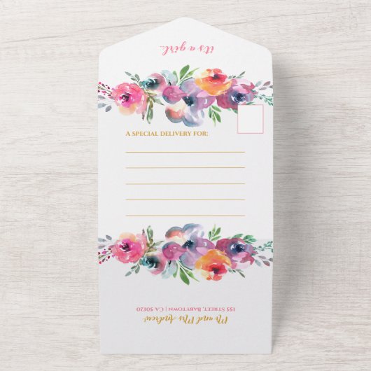 ラブリーウォータカラーフローラガールベビーシャワー オールインワン招待状 (外側)