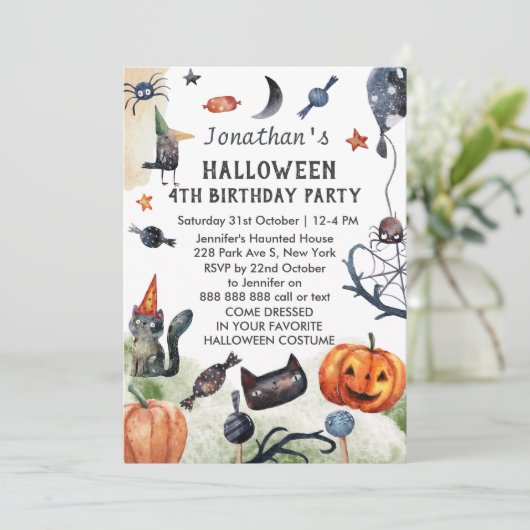 ラブリーウォータカラー子供の誕生日ハロウィーン 招待状 (スタンド正面)