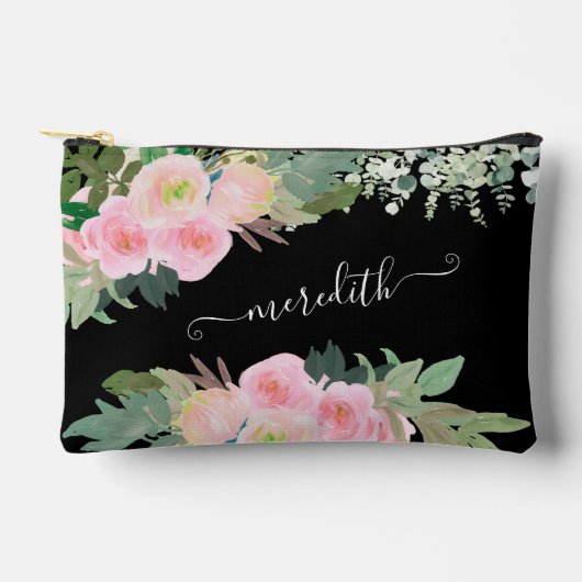 ラブリーウォーター色ブラックとピンクのフローラ名 アクセサリーポーチ (正面)