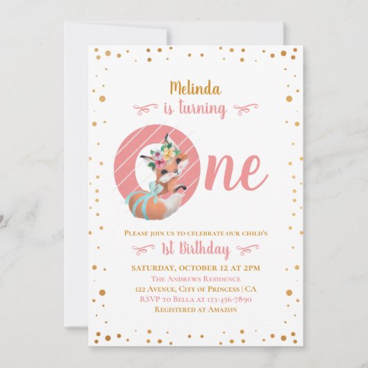 ラブリーキツネイラストレーションガール1st誕生日 招待状 (正面)