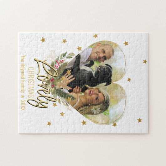 ラブリークリスマスフォトハート金ゴールドグリッタースター ジグソーパズル (横)