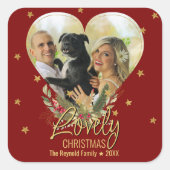 ラブリークリスマス金ゴールドグリッタースターハートフォトレッド スクエアシール (正面)