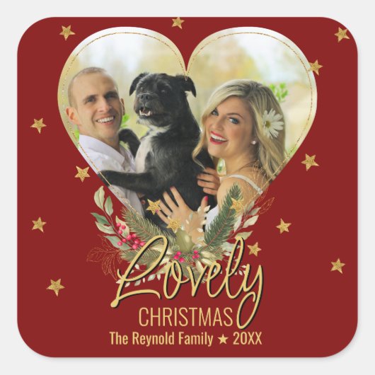 ラブリークリスマス金ゴールドグリッタースターハートフォトレッド スクエアシール (正面)