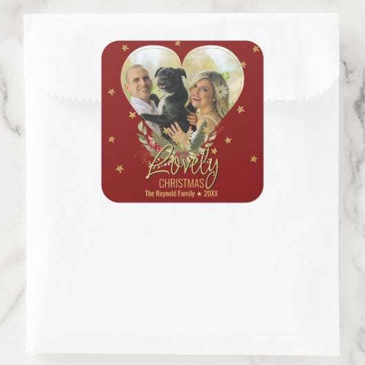 ラブリークリスマス金ゴールドグリッタースターハートフォトレッド スクエアシール (バッグ)