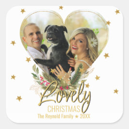 ラブリークリスマス金ゴールドグリッタースターハート写真 スクエアシール