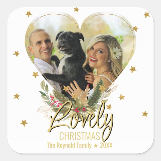 ラブリークリスマス金ゴールドグリッタースターハート写真 スクエアシール (正面)