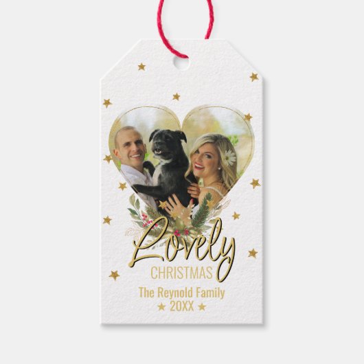 ラブリークリスマス金ゴールドグリッタースターフォトハート ギフトタグ (正面)