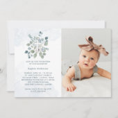 ラブリーダスティブルーウォーターカラーフローラフォトバプテスマ 招待状 (正面)