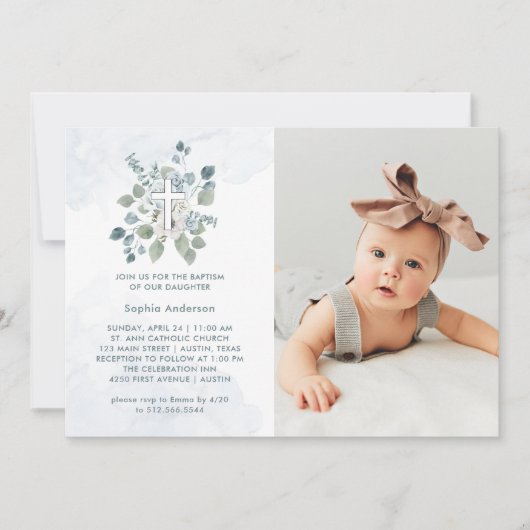 ラブリーダスティブルーウォーターカラーフローラフォトバプテスマ 招待状 (正面)