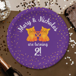 ラブリーツイン誕生日子猫マンガパーティーパープル ペーパープレート