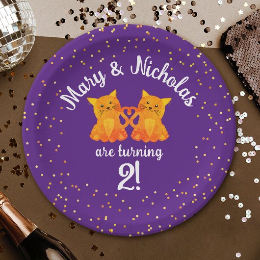 ラブリーツイン誕生日子猫マンガパーティーパープル ペーパープレート