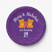 ラブリーツイン誕生日子猫マンガパーティーパープル ペーパープレート (正面)