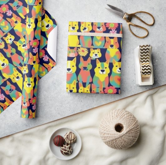 ラブリードッグカラフルドッグペットバイブラッピング紙 ラッピングペーパー (クラフト)