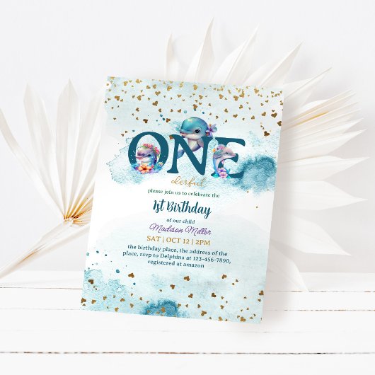 ラブリードルフィンかわいいベビーガール1stバースデーインビタット 招待状