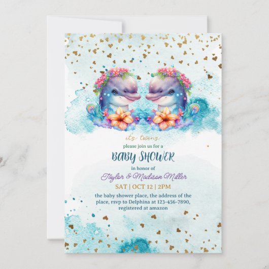 ラブリードルフィンカワイツイン男の赤ちゃんシャワー 招待状 (正面)