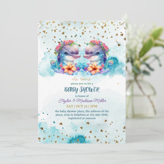 ラブリードルフィンカワイツイン男の赤ちゃんシャワー 招待状 (スタンド正面)