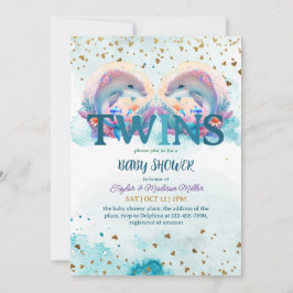 ラブリードルフィンキュートベビーツインシャワー 招待状