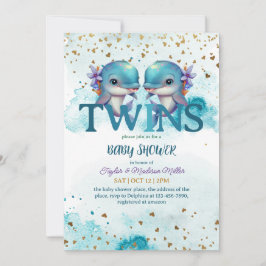 ラブリードルフィンキュートベビーツインボーイズシャワー 招待状